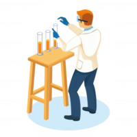 A male scientist in a lab coat working with test tubes on a wooden table. He is focused on his experiment, wearing gloves and glasses, indicating a careful approach to research. png