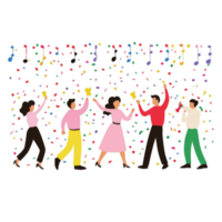A lively gathering of diverse individuals dancing joyfully with musical notes and colorful balloons in the background, capturing the essence of celebration and togetherness. png