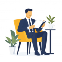 A man in a suit seated comfortably in a stylish chair, reading a book surrounded by green plants, creating a relaxing atmosphere for leisure or study. png