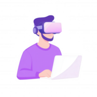 A man uses a laptop while wearing virtual reality goggles, showcasing the blend of tech and modern lifestyle in a digital world. png