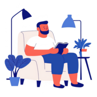 A man enjoys reading a book while seated comfortably in a modern armchair, surrounded by plants and ambient lighting in a cozy interior setting. png