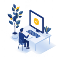 A man sits at a desk working on a computer, focusing on productivity while a clock is displayed on the screen. Indoor plants add a touch of nature to the workspace. png