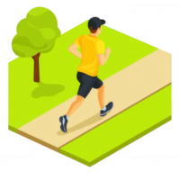 A man jogging on a paved path surrounded by vibrant green grass and a tree, representing an active and healthy lifestyle. png