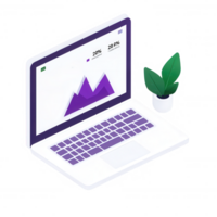 A modern laptop displaying data visualizations with a potted plant nearby, on a white background. Ideal for presentations on productivity or digital analysis. png