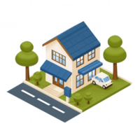 A modern house with a blue roof, surrounded by green trees and a driveway. The scene exudes a cozy and inviting atmosphere, perfect for depicting home and lifestyle. png