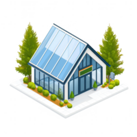 A modern, eco-friendly building with solar panels, surrounded by neatly trimmed bushes and trees. Ideal for showcasing sustainable architecture and innovative design. png