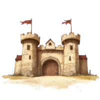 A medieval-style castle with two towers, flags flying atop, and a large wooden gate. The structure is set against a barren landscape, designed for a fantasy theme. png