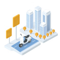 A modern urban scene featuring a scooter on a street with towering skyscrapers and trees, showcasing city life and mobility in a vibrant environment. png