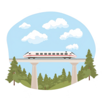 A modern train gliding over a bridge in a scenic landscape with lush trees and a bright blue sky, featuring fluffy clouds. Perfect for travel and technology themes. png