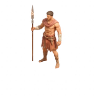 A muscular ancient warrior dressed in a tunic, holding a spear, stands confidently. Ideal for historical or mythical themes on a white isolated background. png