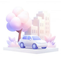 A modern white car parked near pastel-colored buildings and trees, creating a serene urban landscape. Ideal for conveying themes of mobility and city life. png