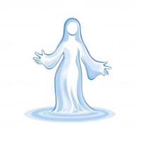 A mystical, ethereal ghost figure in flowing robes, emanating a soft blue glow, with arms extended. Set against a white background, it embodies otherworldly themes. png