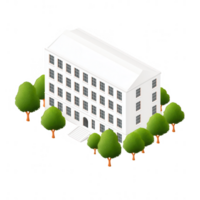 A modern white building surrounded by green trees, featuring multiple floors and large windows, ideal for architectural design and urban planning concepts. png