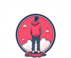 A person standing in contemplation, looking out at a colorful landscape framed by clouds, symbolizing introspection and exploration. Ideal for illustrating mental journeys. png