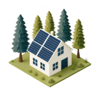 A modern house with solar panels surrounded by pine trees on a grassy area, showcasing energy efficiency and eco-friendly design. png