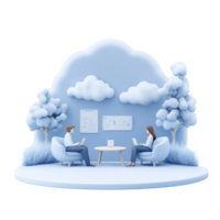 A modern workspace featuring two individuals engaged in teamwork, surrounded by stylized trees and clouds, designed for a collaborative atmosphere. png