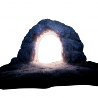 A mystical rock archway illuminated from within, set against a dark backdrop, creating an enchanting atmosphere that invites exploration. png