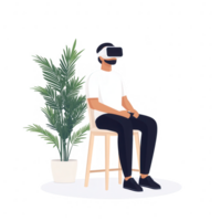 A person sitting on a chair, wearing a virtual reality headset, immersed in a modern digital environment, with a green plant in a pot in the background. png