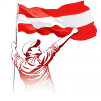 A person triumphantly waving the Austrian flag, symbolizing national pride and unity against a white background. png