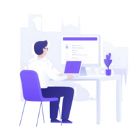 A person working at a desk with a computer, focusing on tasks. The setting portrays a modern office environment with a fresh, minimalist aesthetic. png
