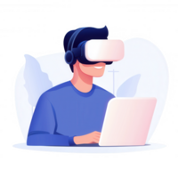 A person wearing a virtual reality headset while using a laptop, engaged in an immersive digital experience. The scene conveys the integration of technology and everyday life. png