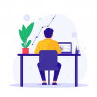 A person working at a desk with a laptop, analyzing data with graphs, and surrounded by plants, providing a modern workspace atmosphere. png
