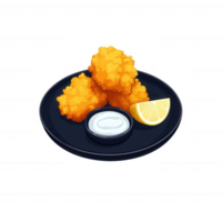 A plate of crispy fried chicken pieces served with a slice of lemon and a small bowl of creamy dipping sauce, against a white background. png