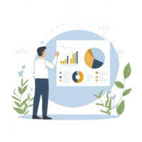 A professional man analyzes data on a presentation board surrounded by plants. The scene highlights the integration of nature and business insights in a modern workspace. png