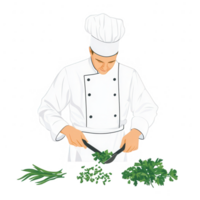 A professional chef skillfully chopping fresh herbs, showcasing culinary expertise. Perfect for food-related themes and cooking illustrations. png