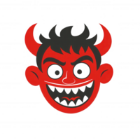 A playful red devil face with mischievous eyes and sharp teeth, perfect for Halloween-themed designs and illustrations, isolated on a white background. png