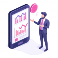 A professional man presenting data on a smartphone screen with financial graphs, ideal for illustrating modern technology and analytics in business contexts. png