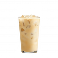 A refreshing glass of iced coffee filled with ice cubes, showcasing a creamy texture and inviting color, perfect for summer enjoyment. png