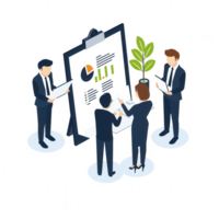A professional team discussing data insights around a presentation board featuring graphs and charts, fostering collaboration and strategic planning in a modern office environment. png