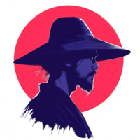 A profile of a person in traditional attire, wearing a wide-brimmed hat against a bold red circular background, evoking a sense of heritage and identity. png