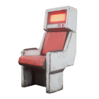 A retro futuristic chair featuring minimalist design with a red cushioned seat and a digital screen embedded in the backrest, set against a white isolated background. png