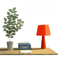A retro workspace featuring a blue typewriter, orange lamp, and a potted plant, all set against a minimalistic background for a creative and inspiring atmosphere. png