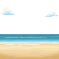 A serene beach scene featuring gentle waves lapping at golden sands under a clear blue sky with fluffy clouds, creating a tranquil atmosphere ideal for relaxation and escape. png