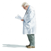 A senior doctor in a white coat reading medical documents, standing against a white isolated background. png