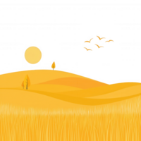 A scenic view of rolling hills with golden fields under a bright sun, complemented by flying birds in a clear sky. A peaceful representation of nature's beauty. png