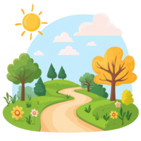 A scenic illustration of a winding path through lush greenery, vibrant trees, and colorful flowers, under a sunny sky, creating a peaceful natural atmosphere. png