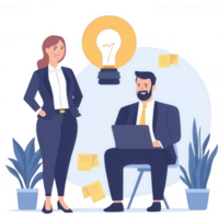 A professional setting featuring a man working on a laptop and a woman standing beside him, both engaged in a creative discussion, surrounded by plants. png