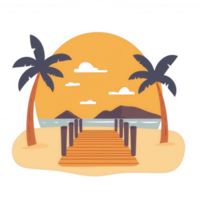 A serene beach scene featuring palm trees framed by a vibrant sunset over calm waters, leading to a wooden walkway inviting leisure and relaxation. png