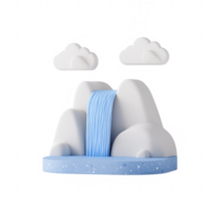 A serene landscape featuring a waterfall cascading between two stylized mountains under fluffy clouds, with a tranquil blue base, perfect for nature-themed designs. png