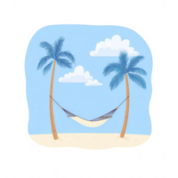 A serene beach scene featuring two palm trees and a hammock swinging gently between them, set against a bright blue sky with fluffy white clouds. png