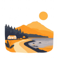 A serene landscape featuring a winding pathway leading to a beach. A small house amidst trees, with mountains in the backdrop and a vibrant sun setting. png
