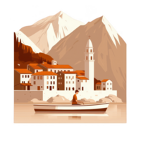 A serene illustration of a man rowing a boat in a beautiful lake surrounded by mountains and charming village architecture under a clear sky. png