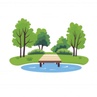 A serene natural scene featuring a wooden dock extending over a tranquil pond surrounded by lush green trees and grasses. png