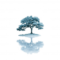 A serene watercolor illustration of a tree reflecting on the surface of calm water, creating a tranquil and peaceful scene that embodies nature's beauty. png