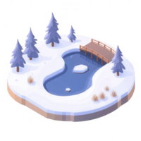 A serene winter landscape featuring a frozen pond surrounded by snowy trees and a wooden bridge, creating a tranquil scene of nature's beauty in winter. png
