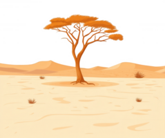 A solitary tree stands resilient in a vast desert landscape, showcasing the beauty of nature amidst harsh conditions. The warm colors evoke a sense of tranquility and endurance. png